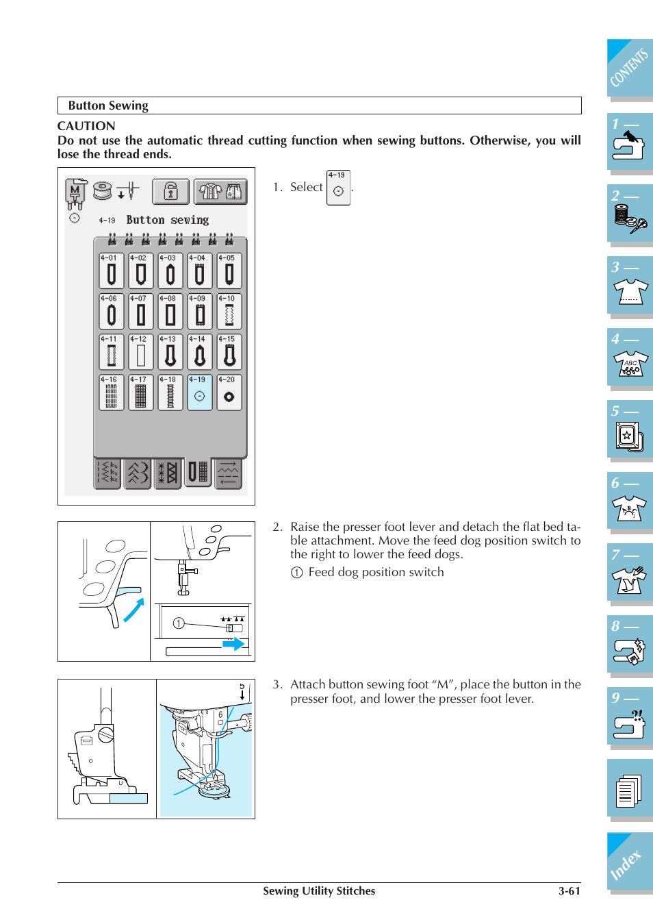 Button sewing -61 | Brother ULT2001 2001N 2001C 2002D 2003D User Manual | Page 134 / 321