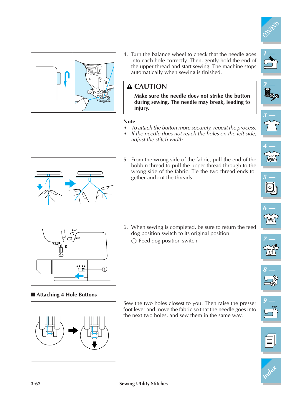 Attaching 4 hole buttons -62, Caution | Brother ULT2001 2001N 2001C 2002D 2003D User Manual | Page 135 / 321