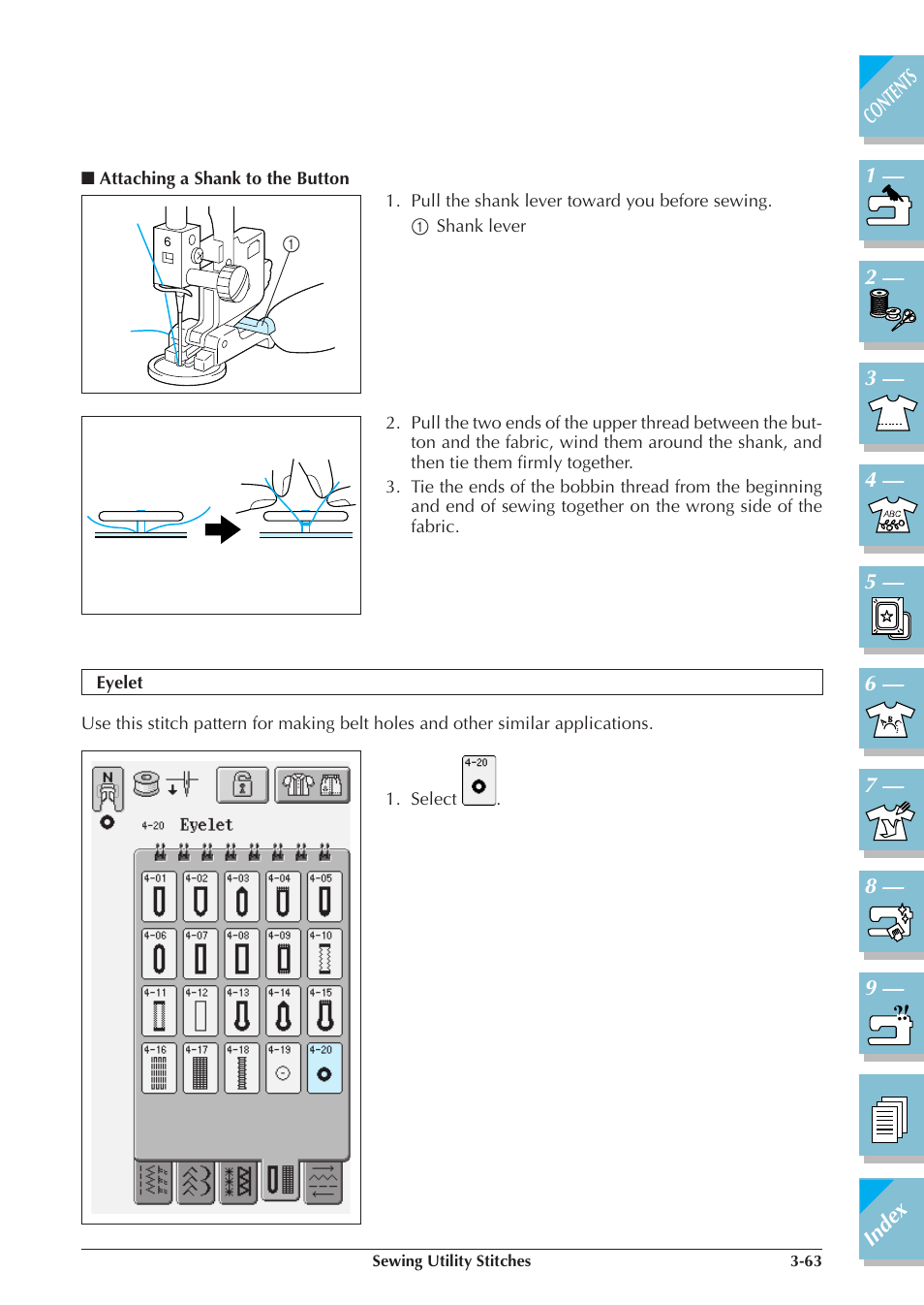 Attaching a shank to the button -63, Eyelet -63 | Brother ULT2001 2001N 2001C 2002D 2003D User Manual | Page 136 / 321