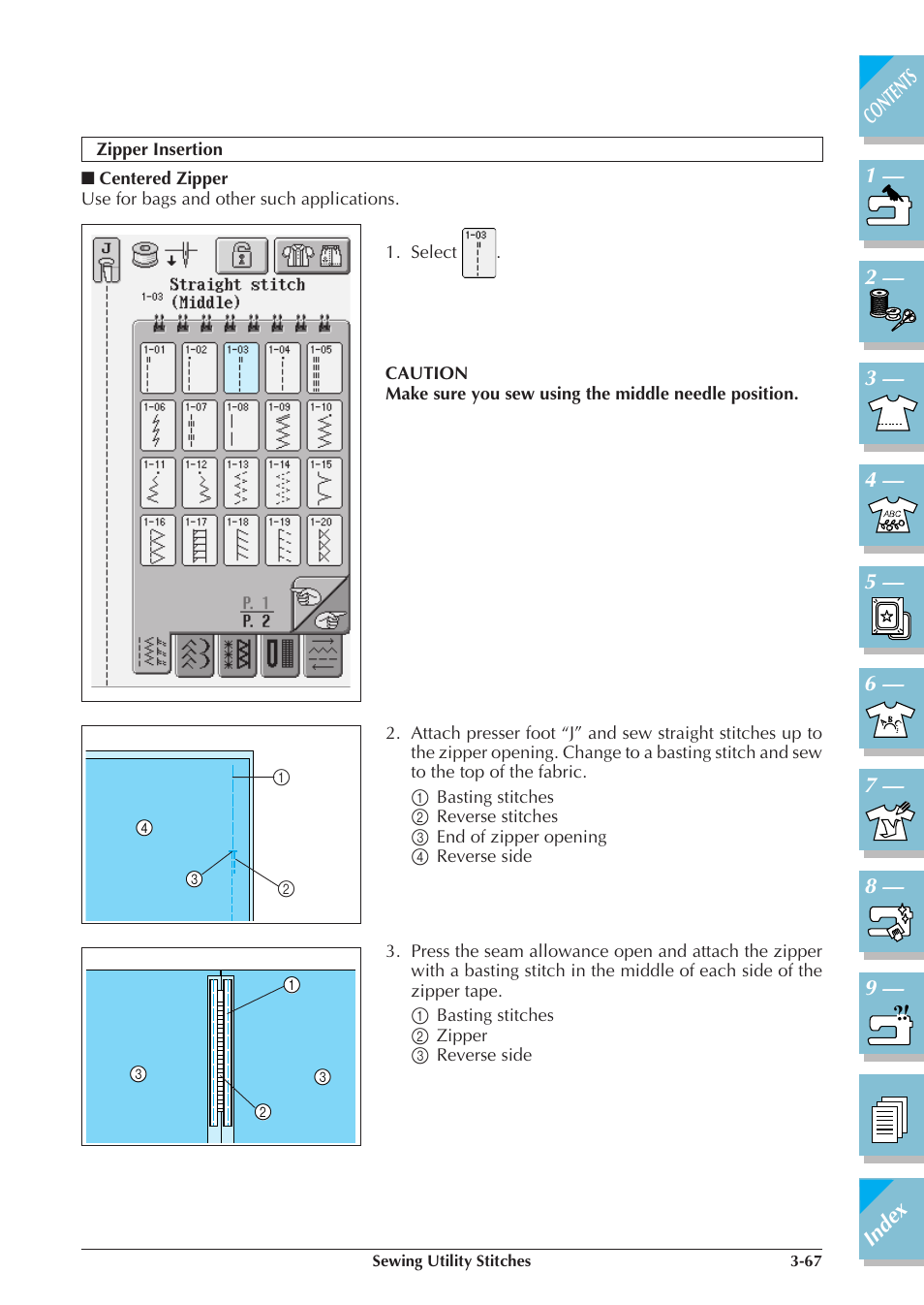 Centered zipper -67, Zipper insertion -67 | Brother ULT2001 2001N 2001C 2002D 2003D User Manual | Page 140 / 321