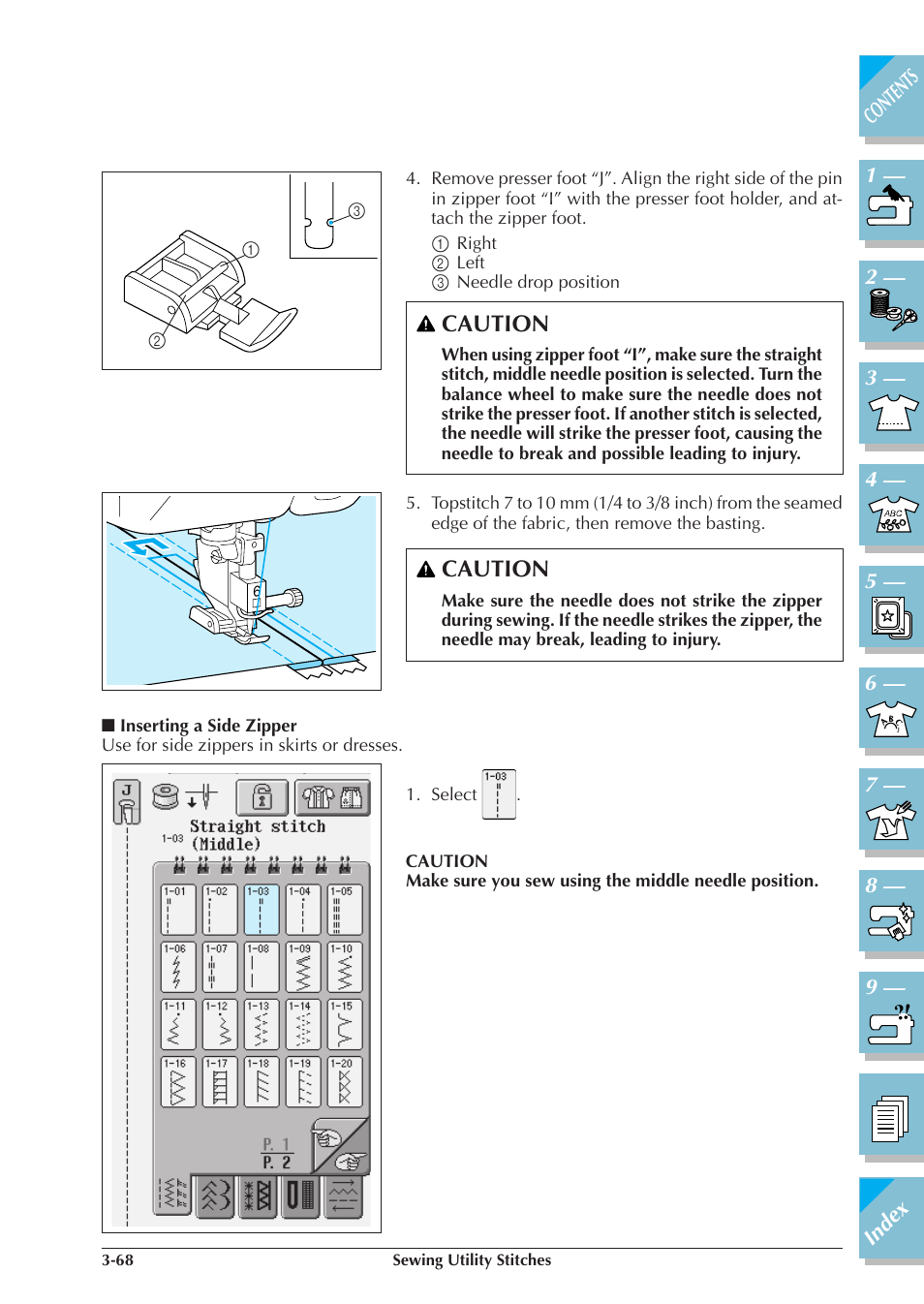 Inserting a side zipper -68, Caution | Brother ULT2001 2001N 2001C 2002D 2003D User Manual | Page 141 / 321