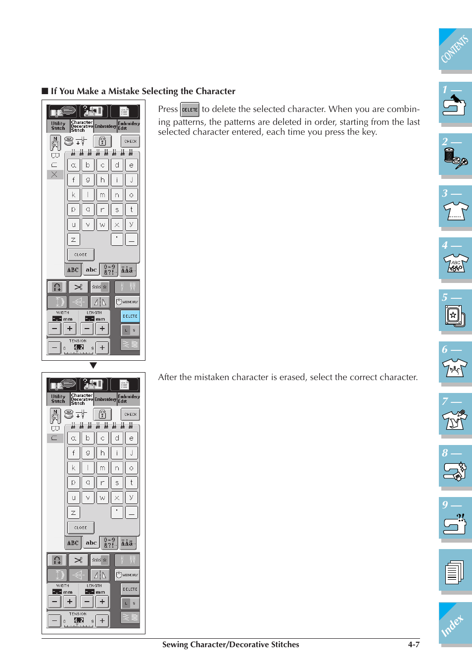 If you make a mistake selecting the, Character -7, Sewing character/decorative stitch | Brother ULT2001 2001N 2001C 2002D 2003D User Manual | Page 150 / 321