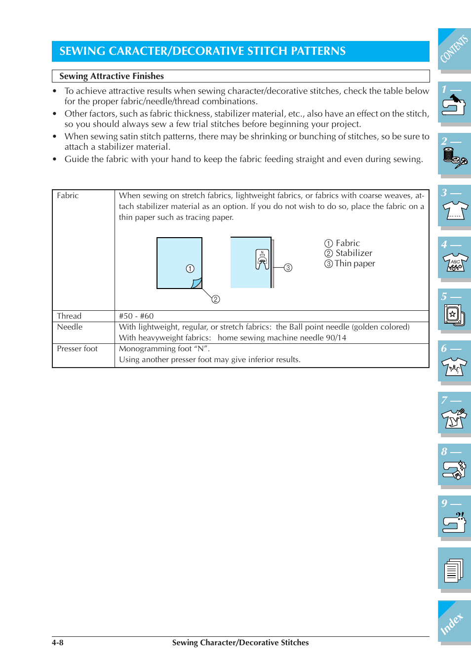 Sewing character/decorative stitch patterns -8, Sewing attractive finishes -8, Sewing caracter/decorative stitch patterns | Brother ULT2001 2001N 2001C 2002D 2003D User Manual | Page 151 / 321