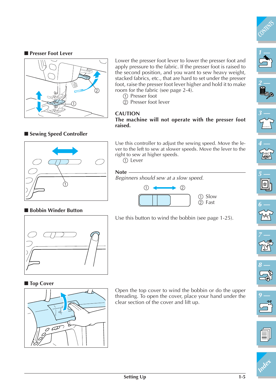 Presser foot lever -5, Sewing speed controller -5, Bobbin winder button -5 | Top cover -5, P.1-5) | Brother ULT2001 2001N 2001C 2002D 2003D User Manual | Page 16 / 321