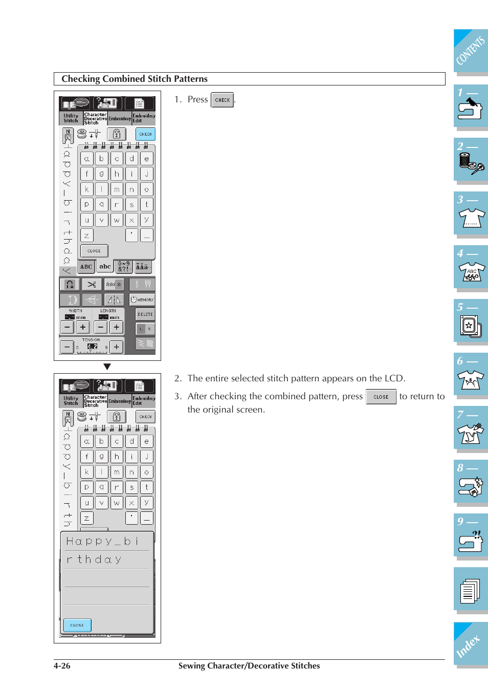 Checking combined stitch patterns -26 | Brother ULT2001 2001N 2001C 2002D 2003D User Manual | Page 169 / 321