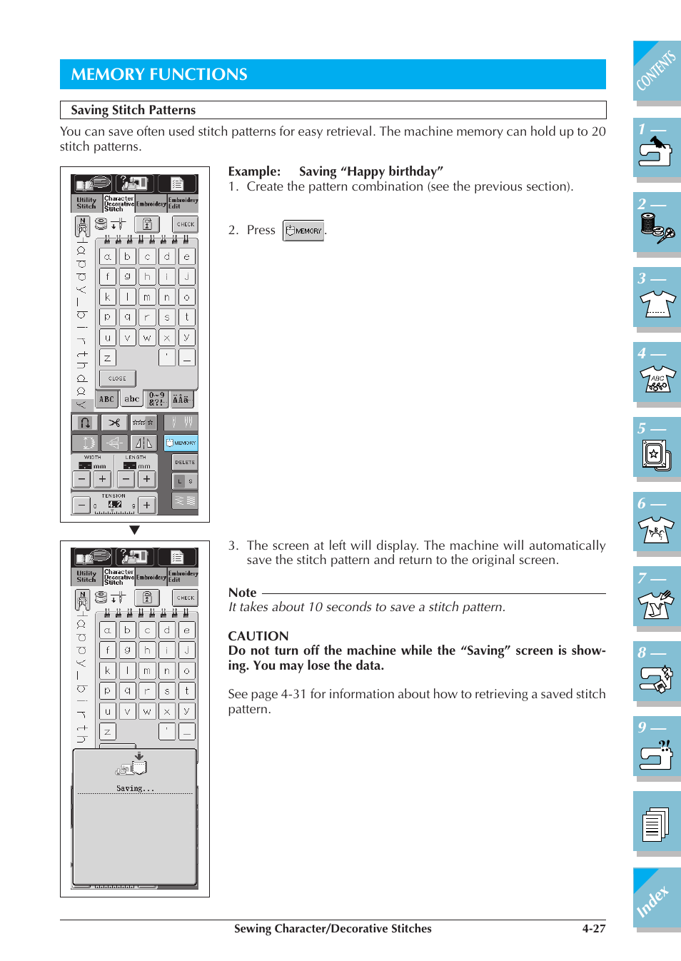 Memory functions -27, Saving stitch patterns -27 | Brother ULT2001 2001N 2001C 2002D 2003D User Manual | Page 170 / 321