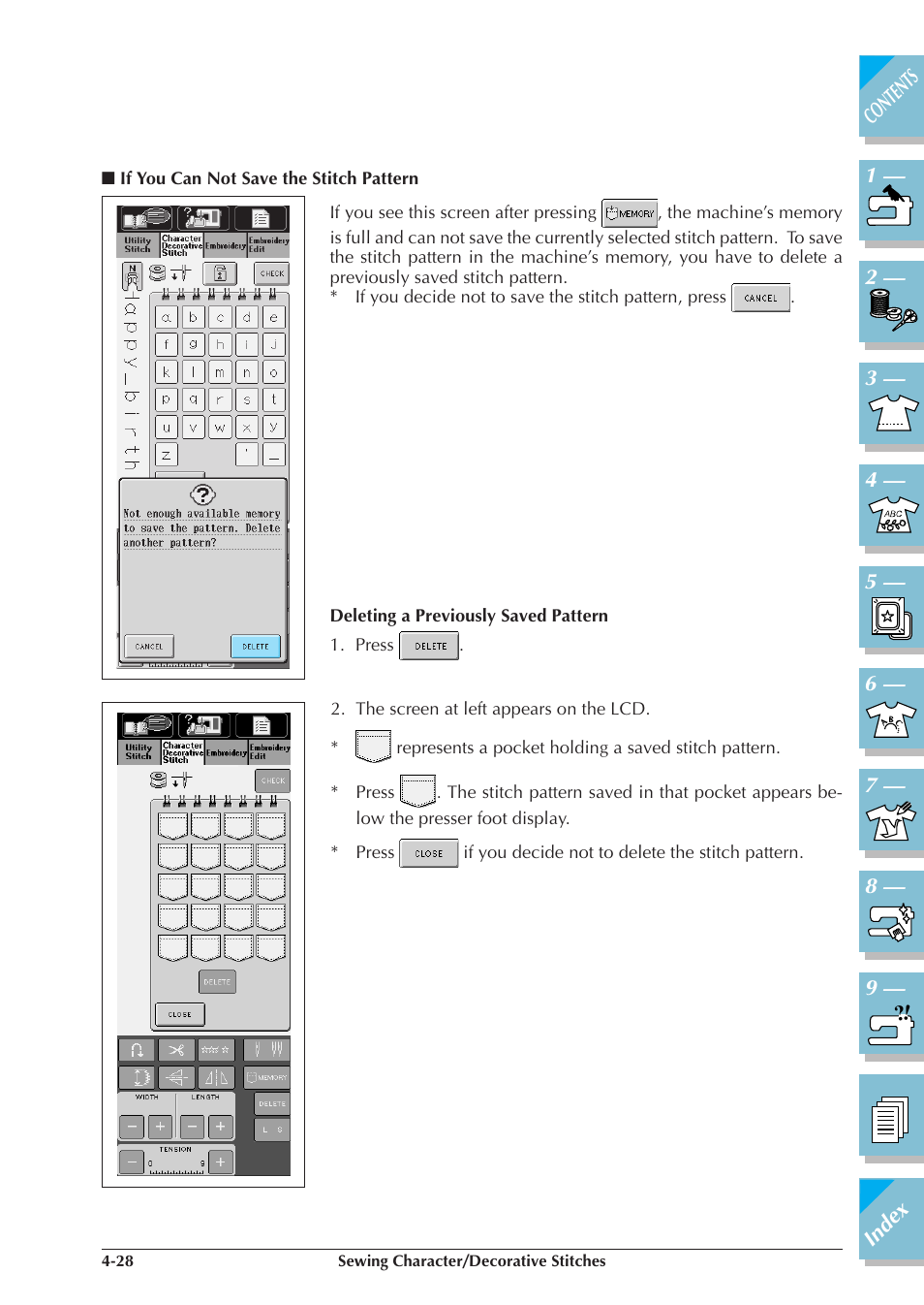 If you can not save the stitch pattern 4-28 | Brother ULT2001 2001N 2001C 2002D 2003D User Manual | Page 171 / 321