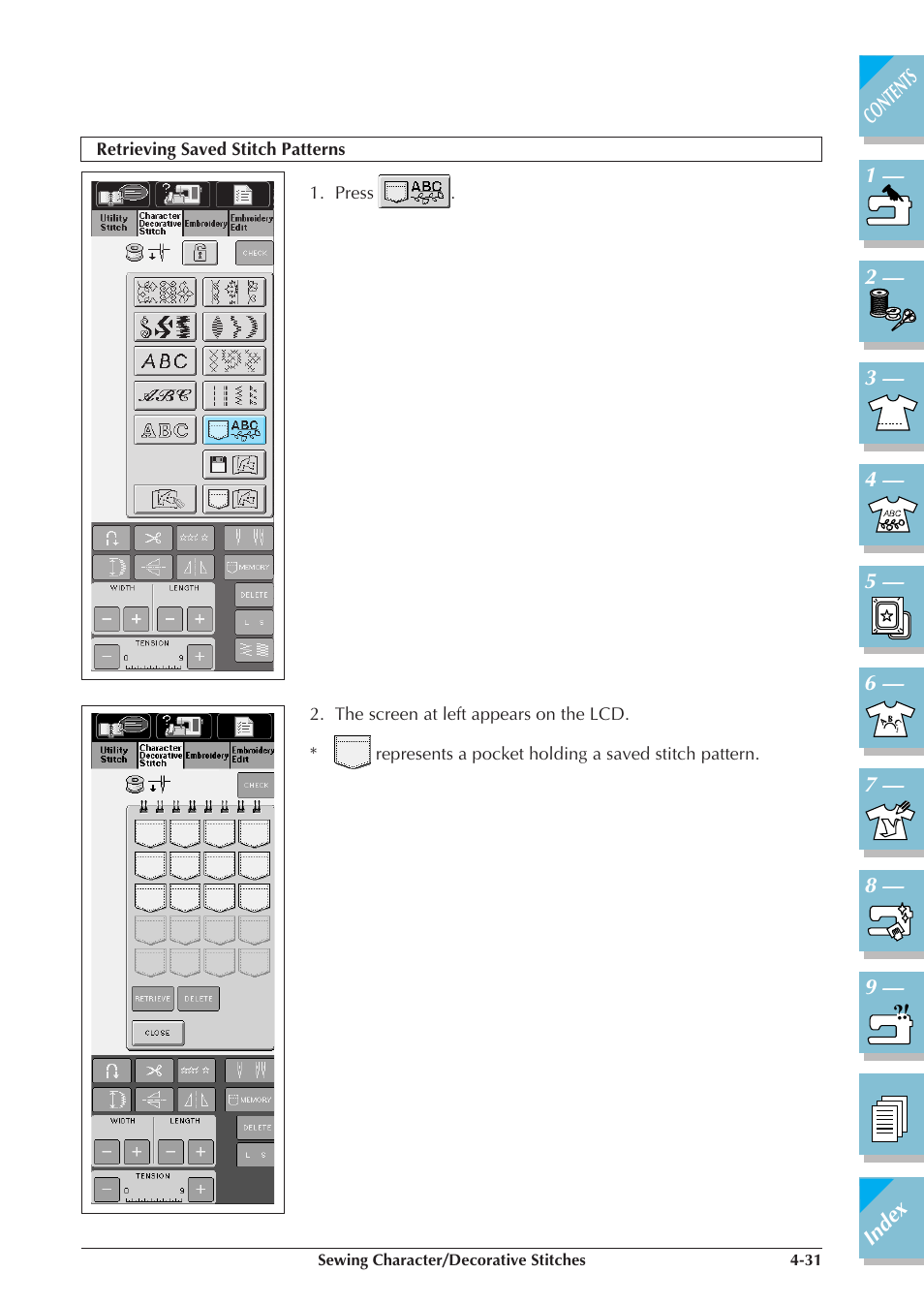 Retrieving saved stitch patterns -31 | Brother ULT2001 2001N 2001C 2002D 2003D User Manual | Page 174 / 321