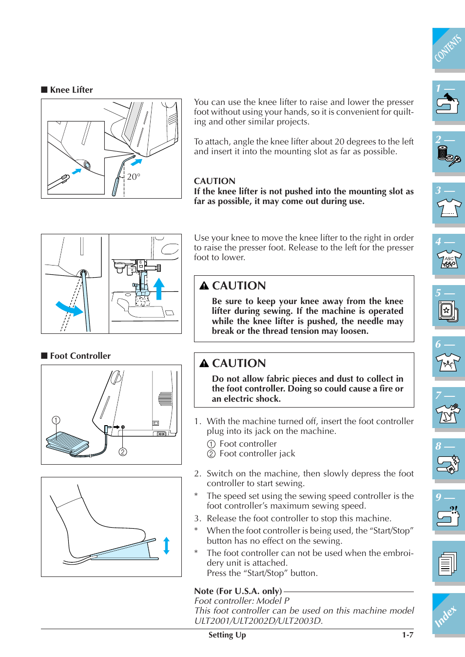 Knee lifter -7, Foot controller -7, P.1-7) | Caution | Brother ULT2001 2001N 2001C 2002D 2003D User Manual | Page 18 / 321