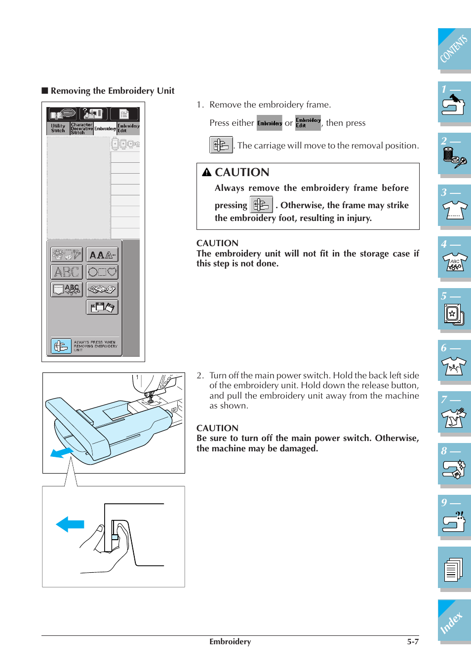 Removing the embroidery unit -7, Caution | Brother ULT2001 2001N 2001C 2002D 2003D User Manual | Page 182 / 321