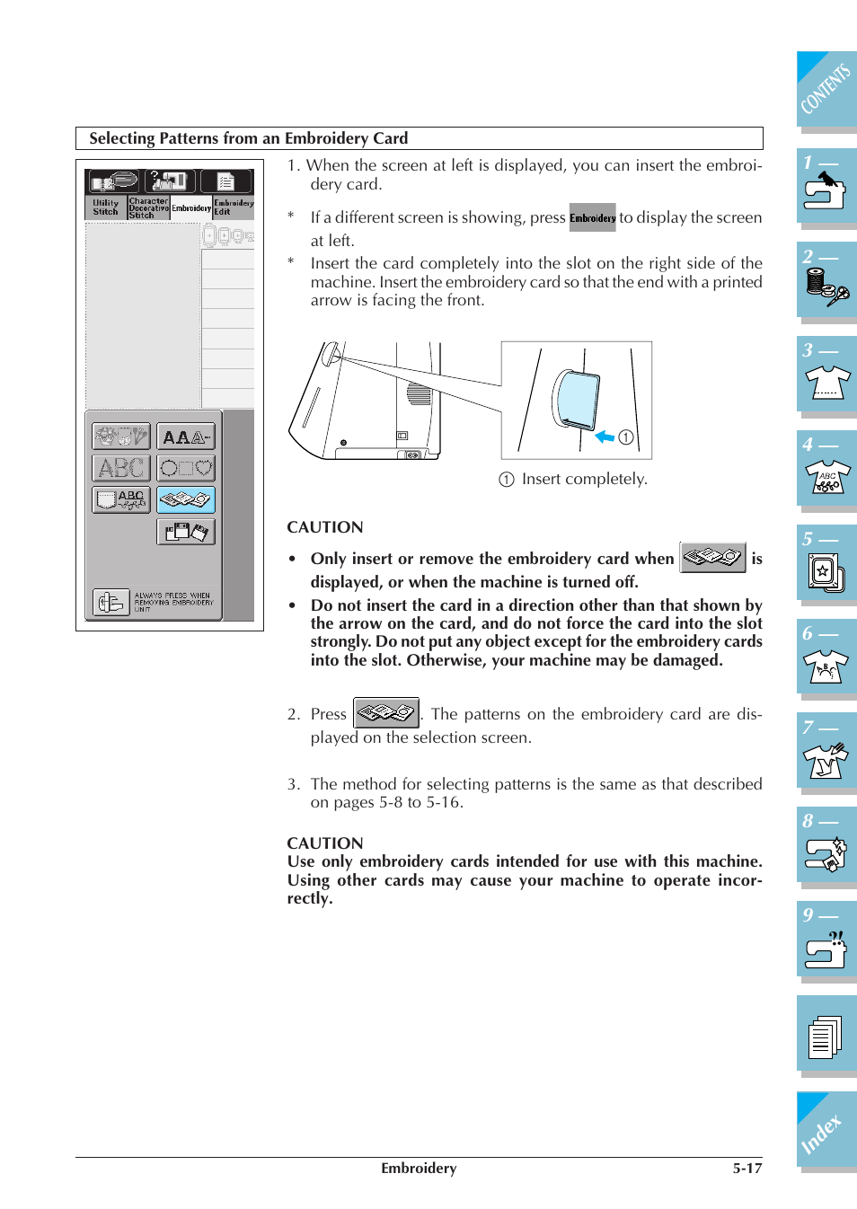 Selecting patterns from an embroidery card -17, P.5-17) | Brother ULT2001 2001N 2001C 2002D 2003D User Manual | Page 192 / 321