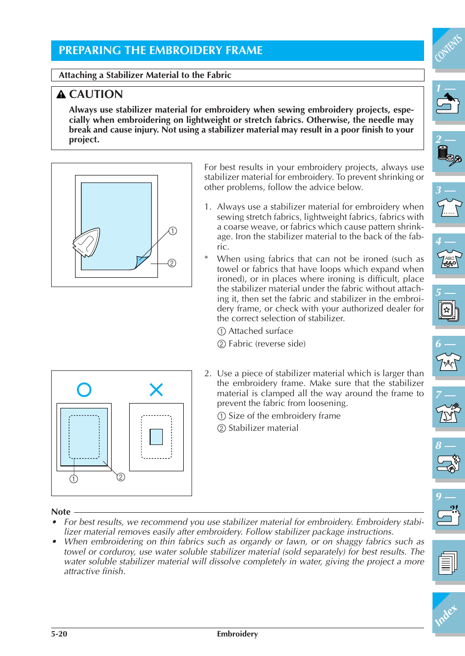 Preparing the embroidery frame -20, Attaching a stabilizer material to the fabric -20, Preparing the embroidery frame | Caution | Brother ULT2001 2001N 2001C 2002D 2003D User Manual | Page 195 / 321