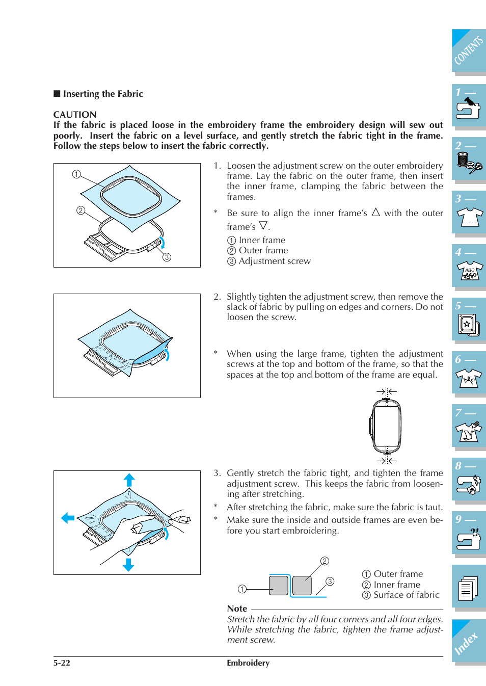 Inserting the fabric -22 | Brother ULT2001 2001N 2001C 2002D 2003D User Manual | Page 197 / 321