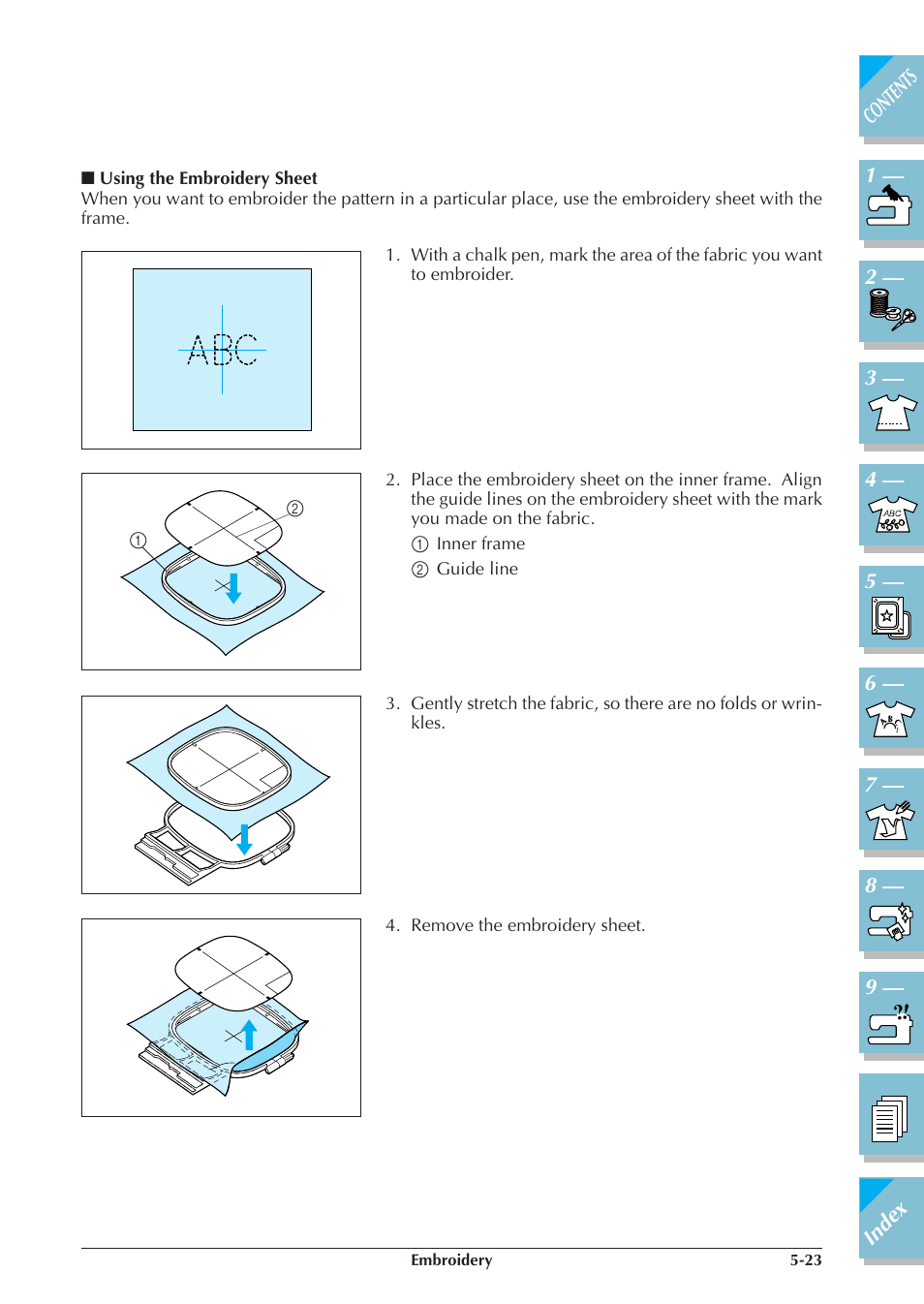 Using the embroidery sheet -23 | Brother ULT2001 2001N 2001C 2002D 2003D User Manual | Page 198 / 321