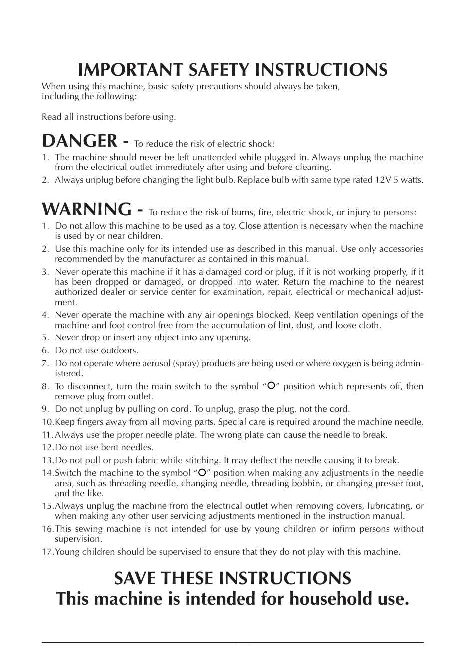 Important safety instructions, Danger, Warning | Brother ULT2001 2001N 2001C 2002D 2003D User Manual | Page 2 / 321