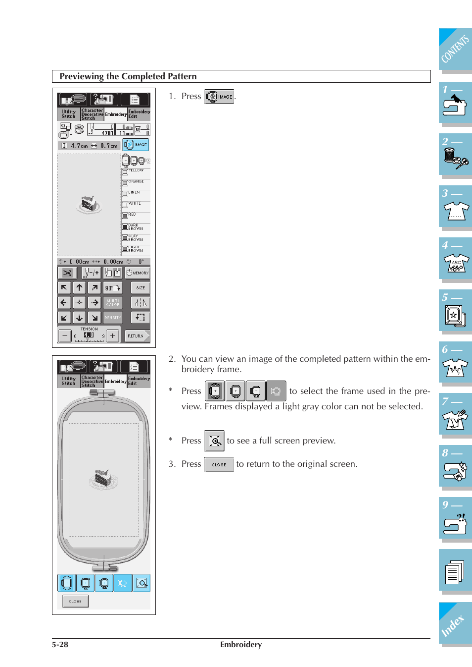 Previewing the completed pattern -28 | Brother ULT2001 2001N 2001C 2002D 2003D User Manual | Page 203 / 321