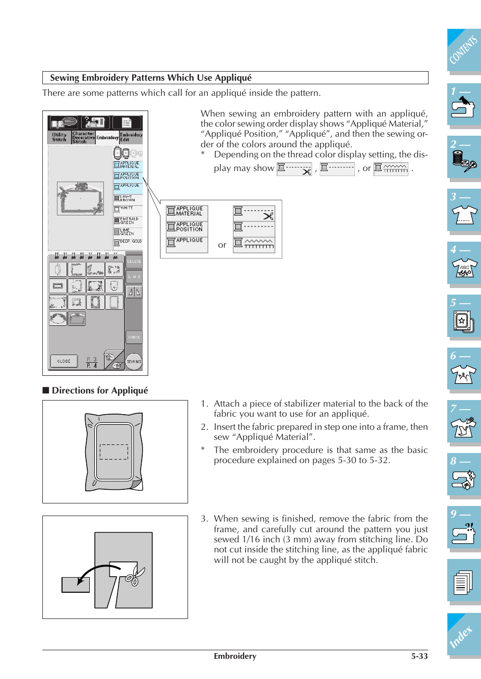 Sewing embroidery patterns which use appliqué -33, Directions for appliqué -33 | Brother ULT2001 2001N 2001C 2002D 2003D User Manual | Page 208 / 321