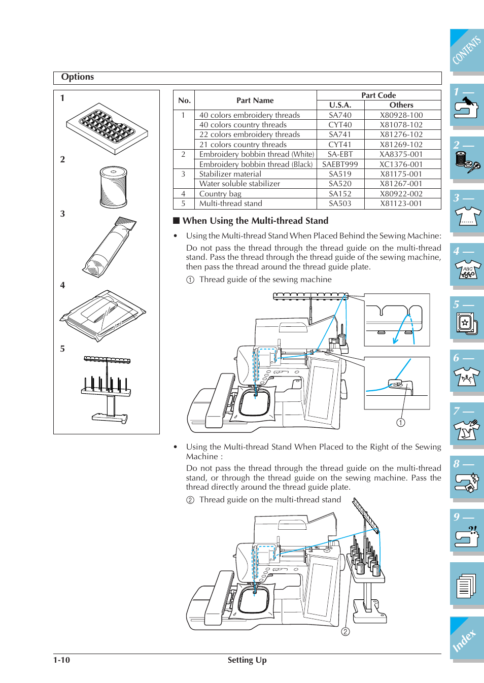 Options -10, When using the multi-thread stand 1-10 | Brother ULT2001 2001N 2001C 2002D 2003D User Manual | Page 21 / 321
