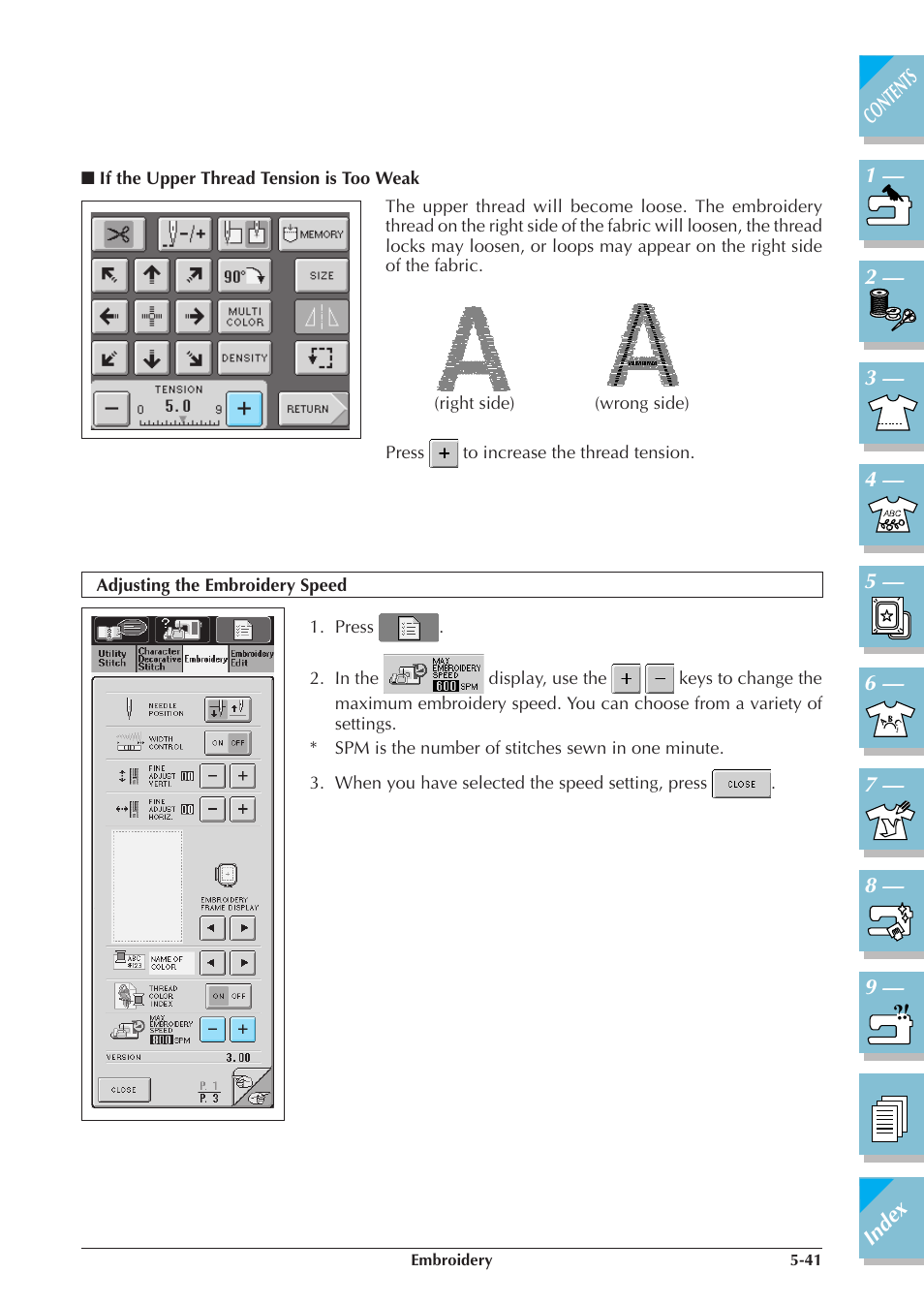 If the upper thread tension is too, Weak -41, Adjusting the embroidery speed -41 | Brother ULT2001 2001N 2001C 2002D 2003D User Manual | Page 216 / 321