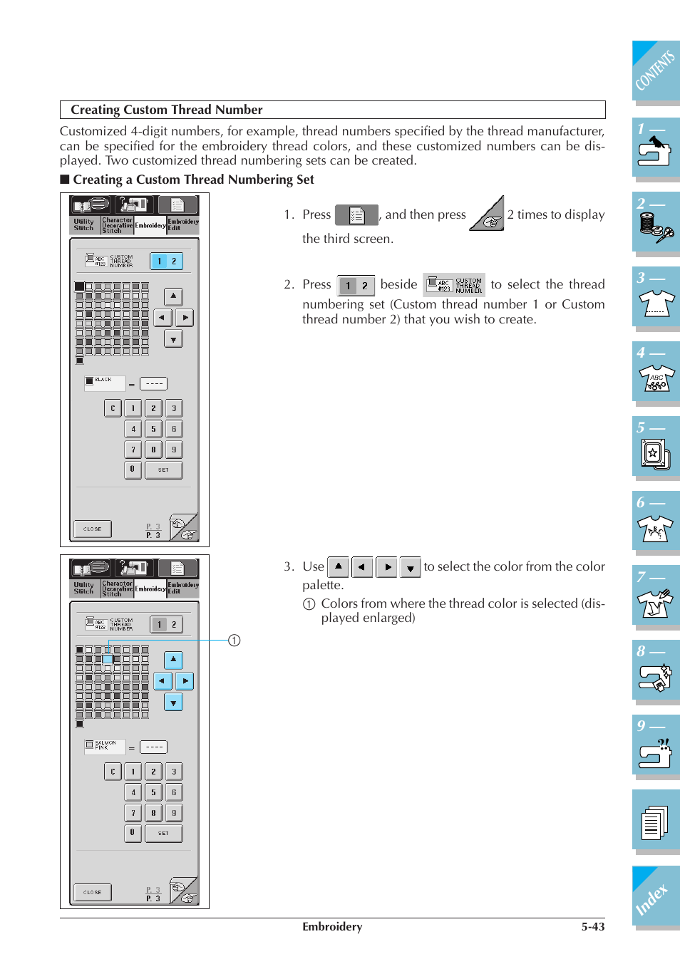 Creating custom thread number -43, Creating a custom thread, Numbering set -43 | Brother ULT2001 2001N 2001C 2002D 2003D User Manual | Page 218 / 321