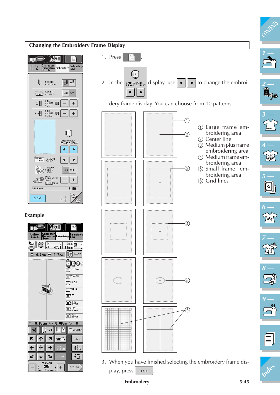 Changing the embroidery frame display -45 | Brother ULT2001 2001N 2001C 2002D 2003D User Manual | Page 220 / 321