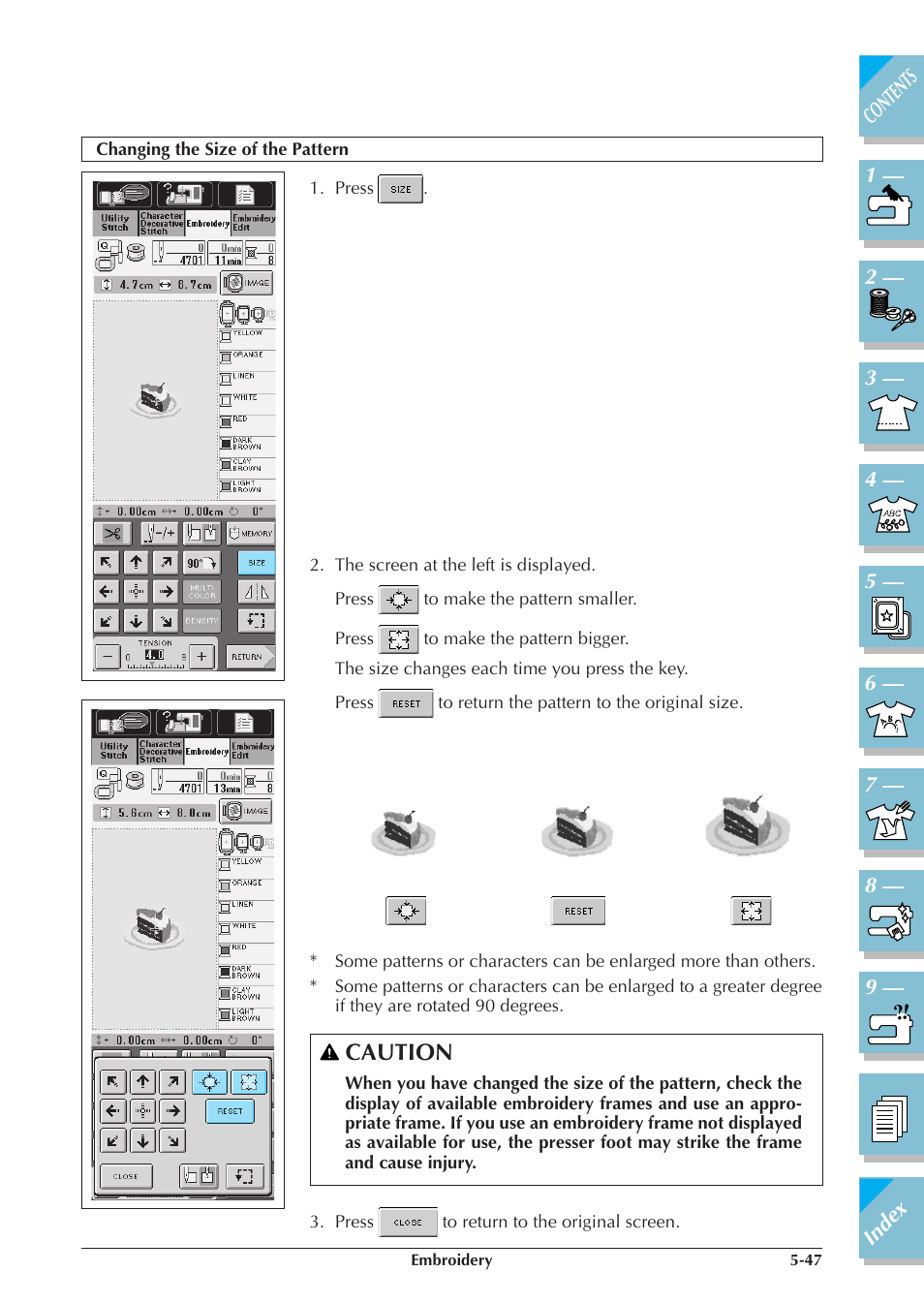 Changing the size of the pattern -47, Caution | Brother ULT2001 2001N 2001C 2002D 2003D User Manual | Page 222 / 321