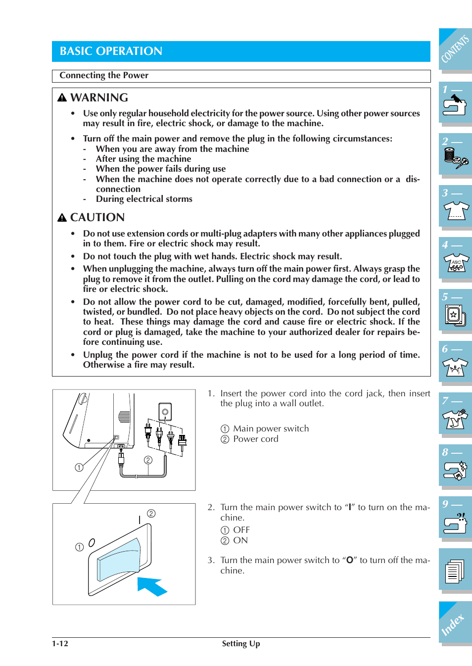 Basic operation -12, Connecting the power -12, P.1-12) | Basic operation, Warning, Caution | Brother ULT2001 2001N 2001C 2002D 2003D User Manual | Page 23 / 321