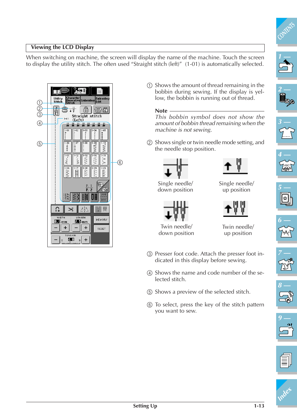 Viewing the lcd display -13, P.1-13) | Brother ULT2001 2001N 2001C 2002D 2003D User Manual | Page 24 / 321