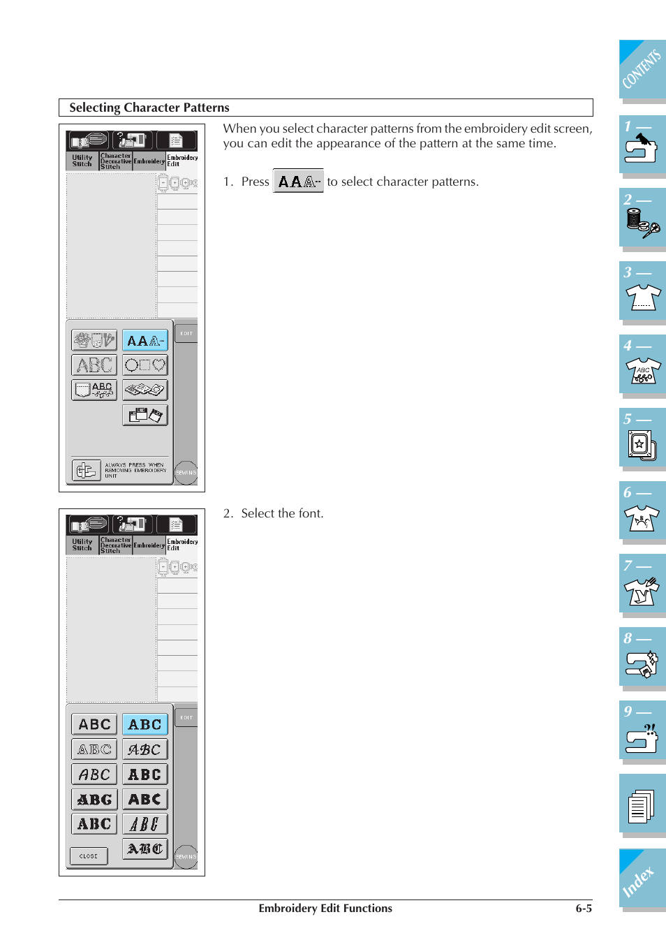 Selecting character patterns -5 | Brother ULT2001 2001N 2001C 2002D 2003D User Manual | Page 244 / 321