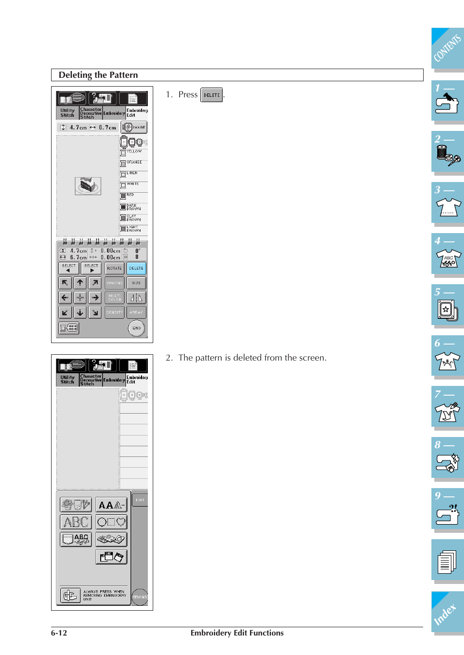 Deleting the pattern -12 | Brother ULT2001 2001N 2001C 2002D 2003D User Manual | Page 251 / 321