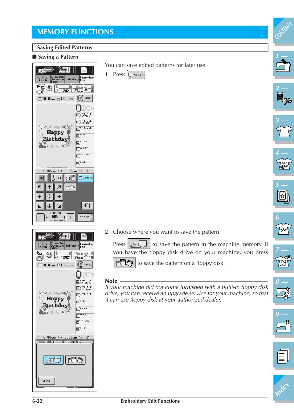Memory functions -32, Saving edited patterns -32, Saving a pattern -32 | Brother ULT2001 2001N 2001C 2002D 2003D User Manual | Page 271 / 321