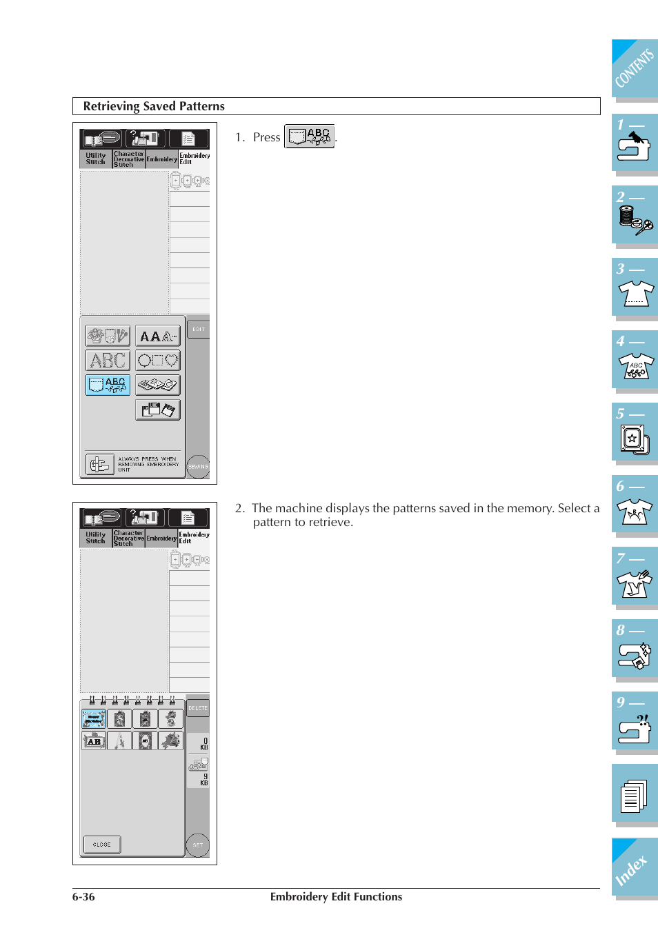 Retrieving saved patterns -36 | Brother ULT2001 2001N 2001C 2002D 2003D User Manual | Page 275 / 321
