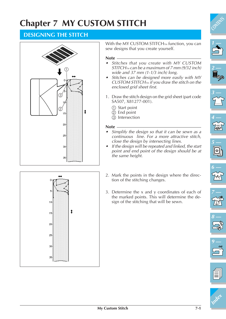 Chapter 7 my custom stitch, Designing the stitch -1, P.7-1) | Designing the stitch | Brother ULT2001 2001N 2001C 2002D 2003D User Manual | Page 278 / 321