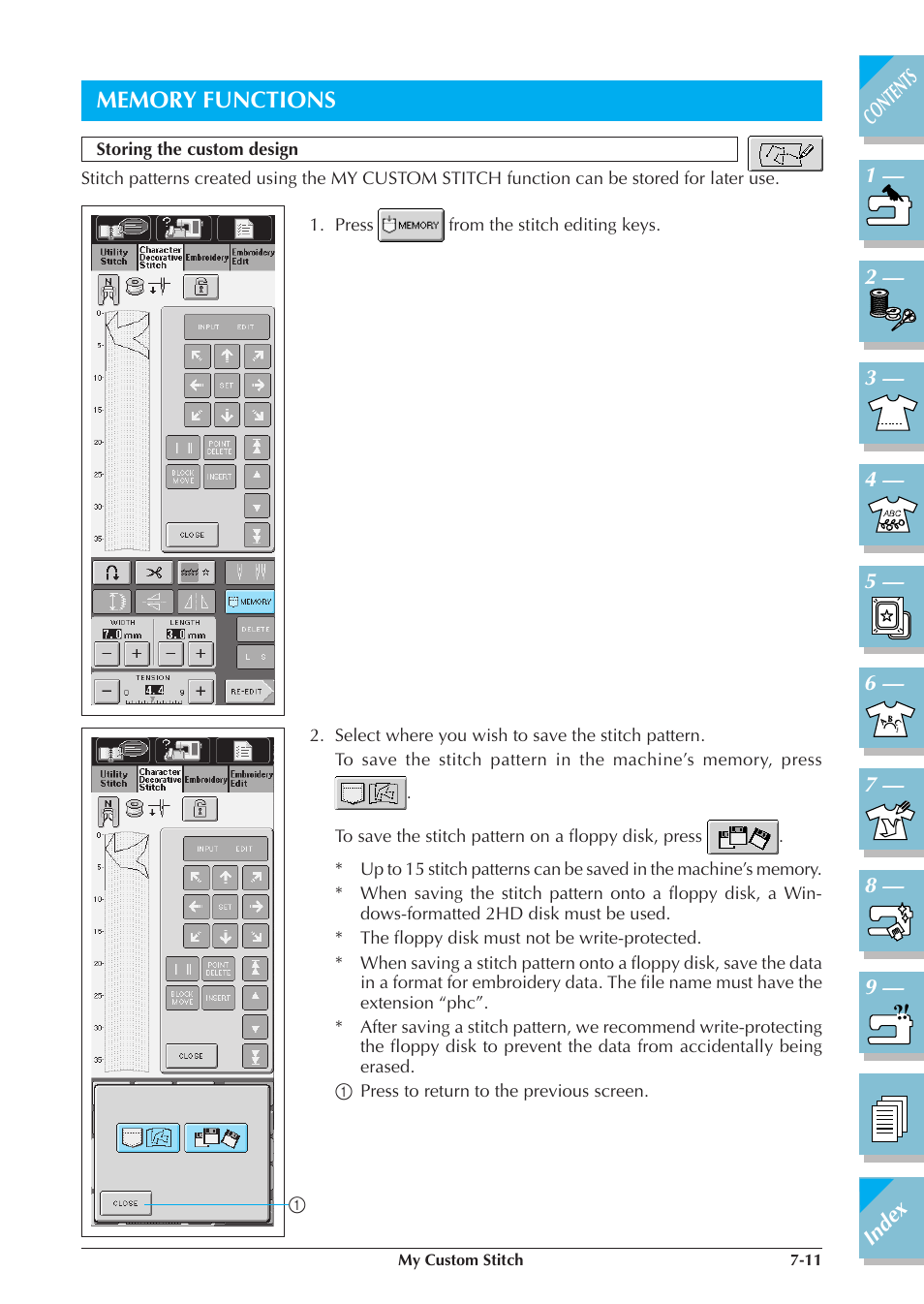 Memory functions -11, Storing the custom design -11 | Brother ULT2001 2001N 2001C 2002D 2003D User Manual | Page 288 / 321