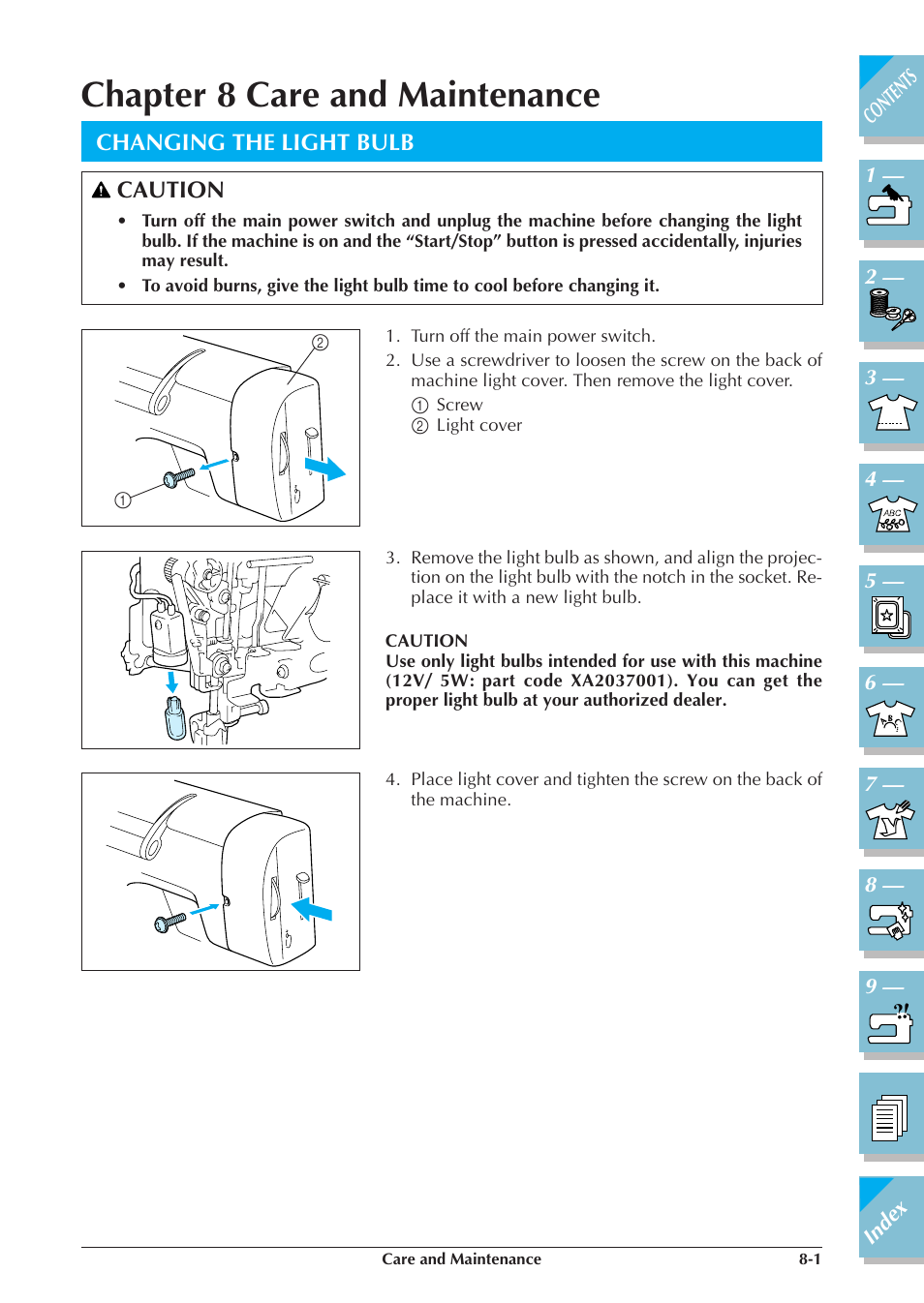 Chapter 8 care and maintenance, Changing the light bulb -1, Changing the light bulb caution | Brother ULT2001 2001N 2001C 2002D 2003D User Manual | Page 294 / 321
