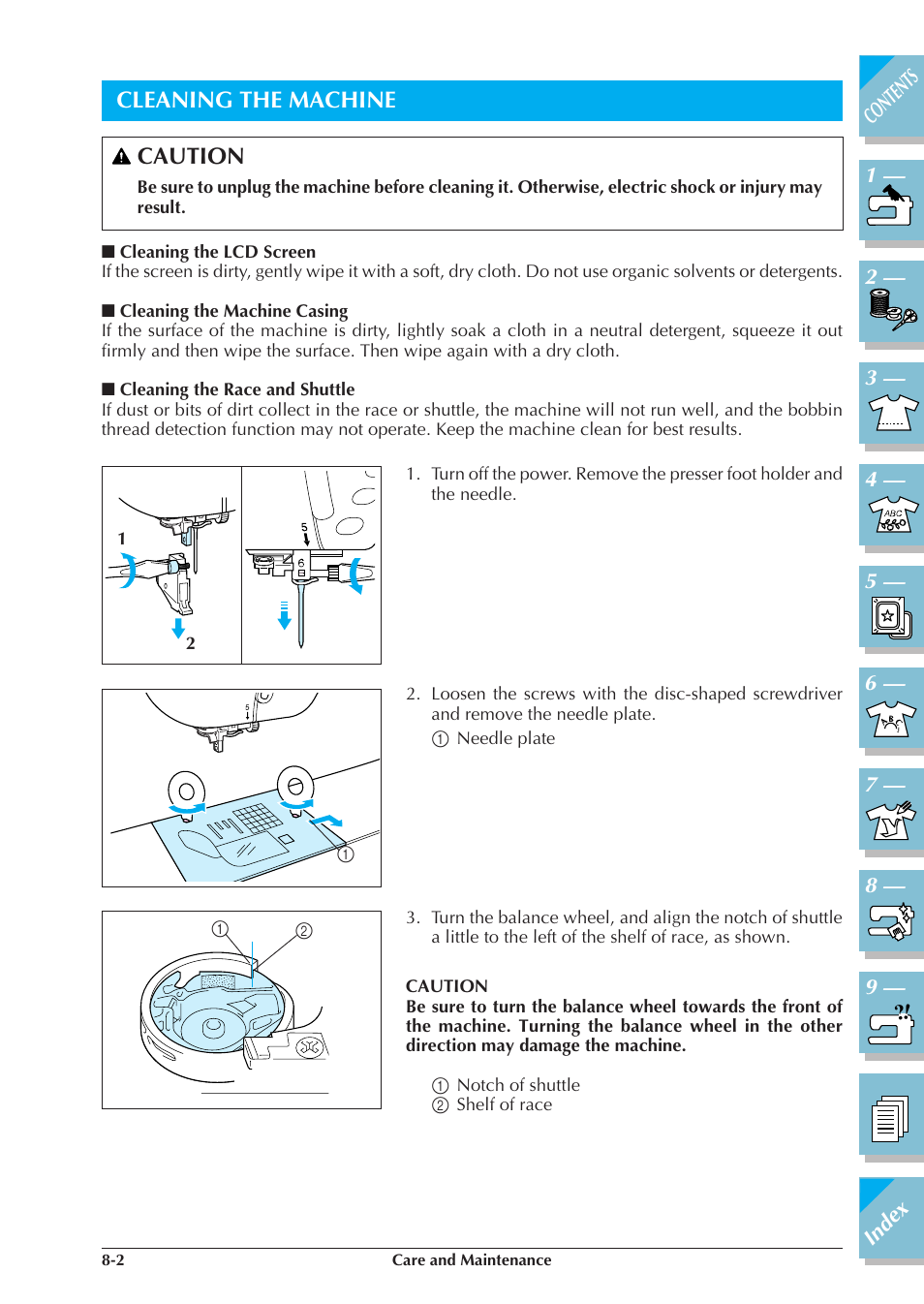 Cleaning the machine -2, Cleaning the lcd screen -2, Cleaning the machine casing -2 | Cleaning the race and shuttle -2, Cleaning the machine caution | Brother ULT2001 2001N 2001C 2002D 2003D User Manual | Page 295 / 321