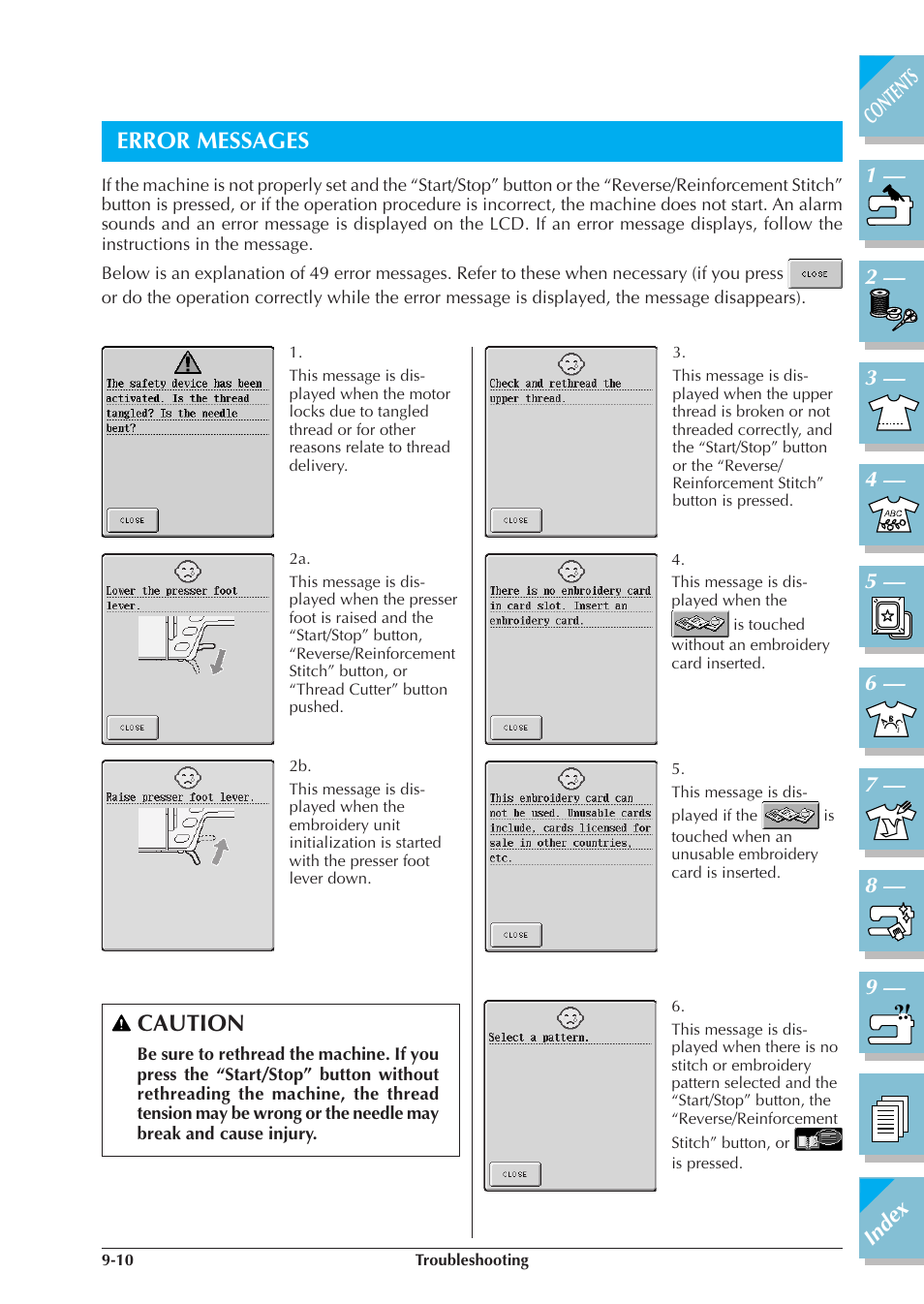 Error messages -10, Caution, Error messages | Brother ULT2001 2001N 2001C 2002D 2003D User Manual | Page 307 / 321