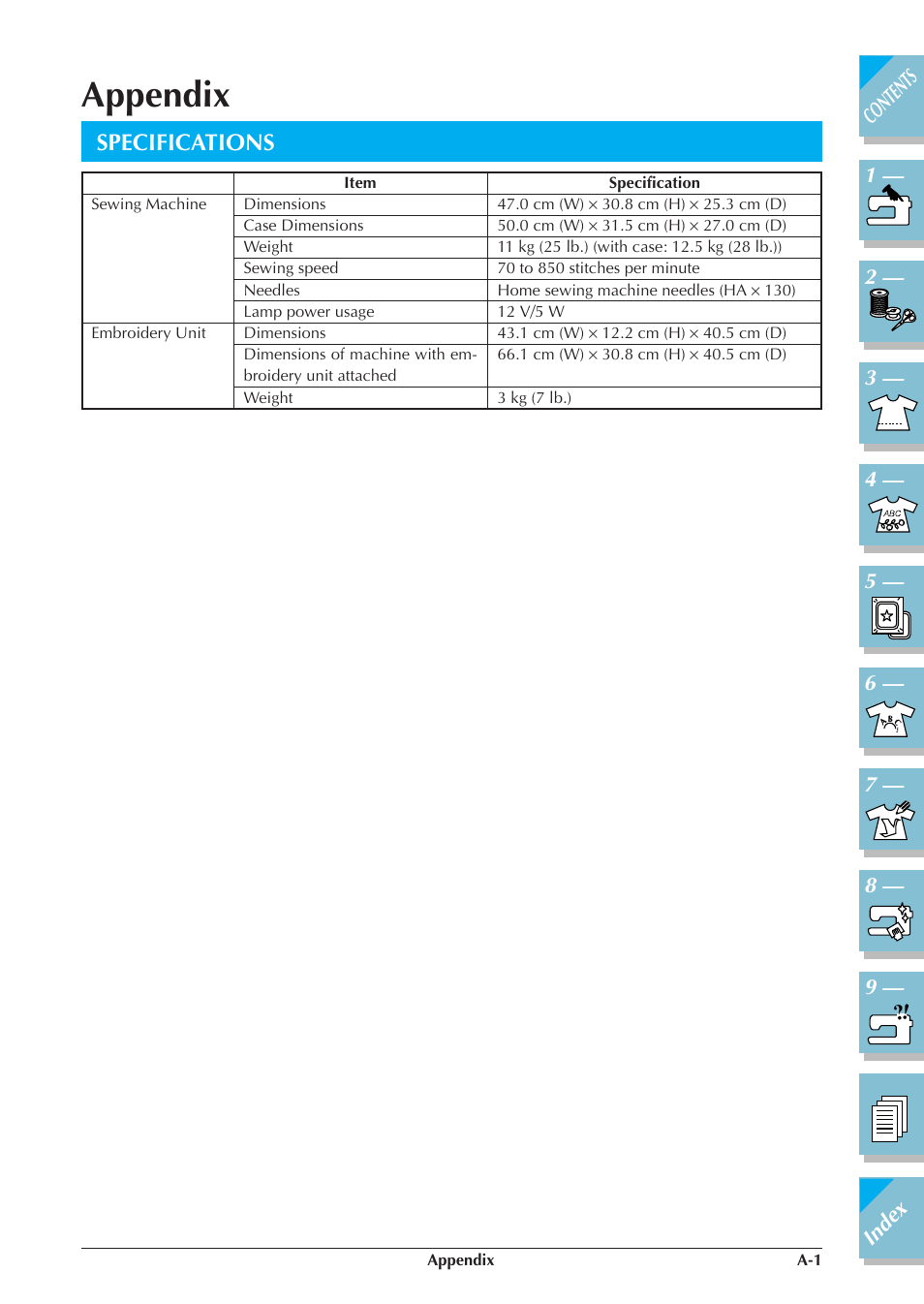 Appendix, Specifications | Brother ULT2001 2001N 2001C 2002D 2003D User Manual | Page 314 / 321