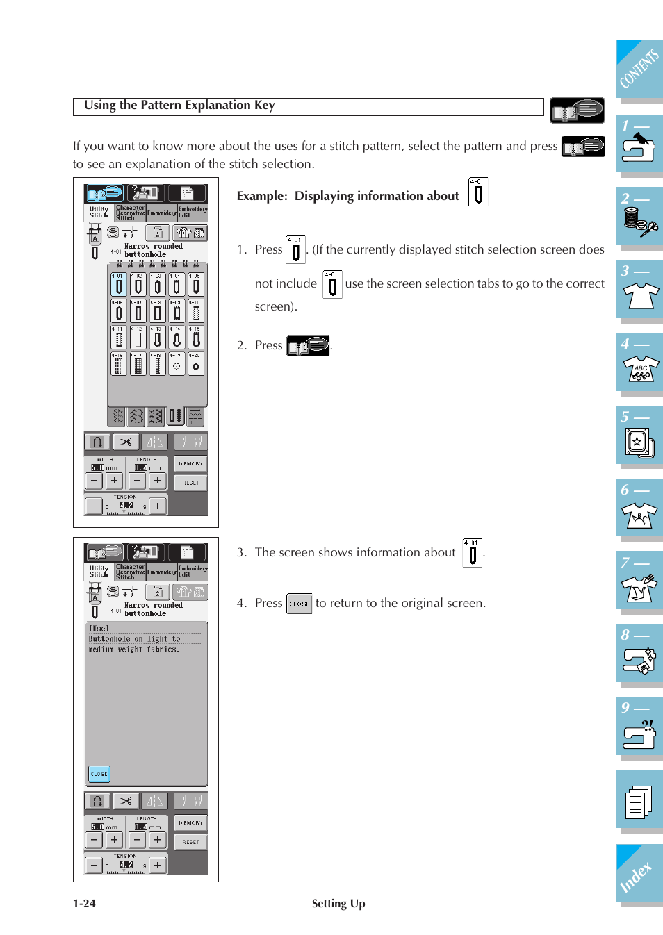 Using the pattern explanation key -24 | Brother ULT2001 2001N 2001C 2002D 2003D User Manual | Page 35 / 321