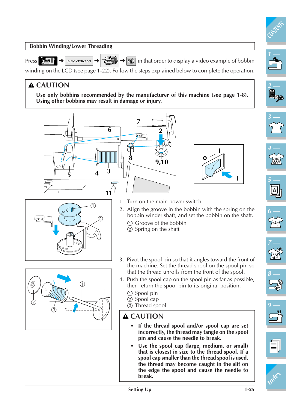 Bobbin winding/lower threading -25, P.1-25, 1-33), Caution | Brother ULT2001 2001N 2001C 2002D 2003D User Manual | Page 36 / 321