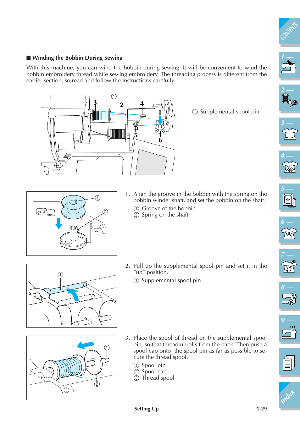 Winding the bobbin during sewing1-29 | Brother ULT2001 2001N 2001C 2002D 2003D User Manual | Page 40 / 321