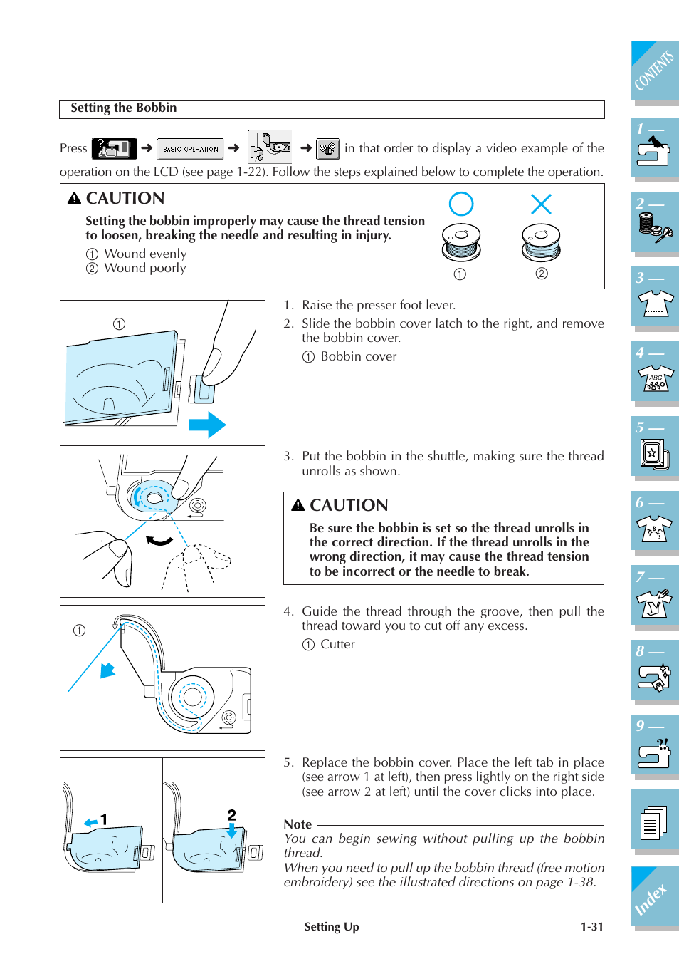 Setting the bobbin -31, P.1-31), Caution | Brother ULT2001 2001N 2001C 2002D 2003D User Manual | Page 42 / 321