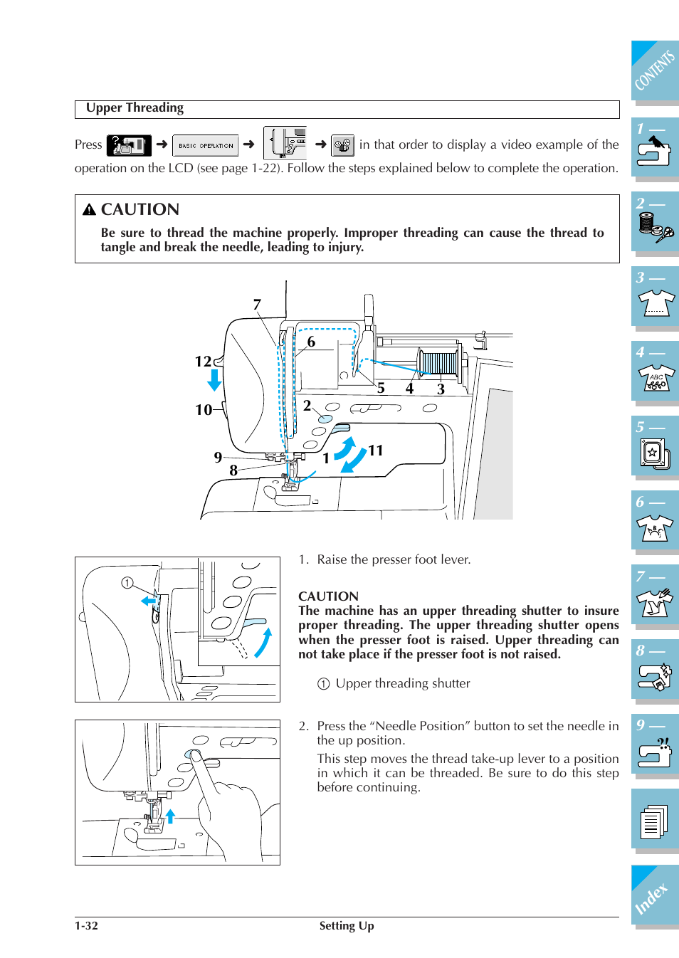 Upper threading -32, Caution | Brother ULT2001 2001N 2001C 2002D 2003D User Manual | Page 43 / 321