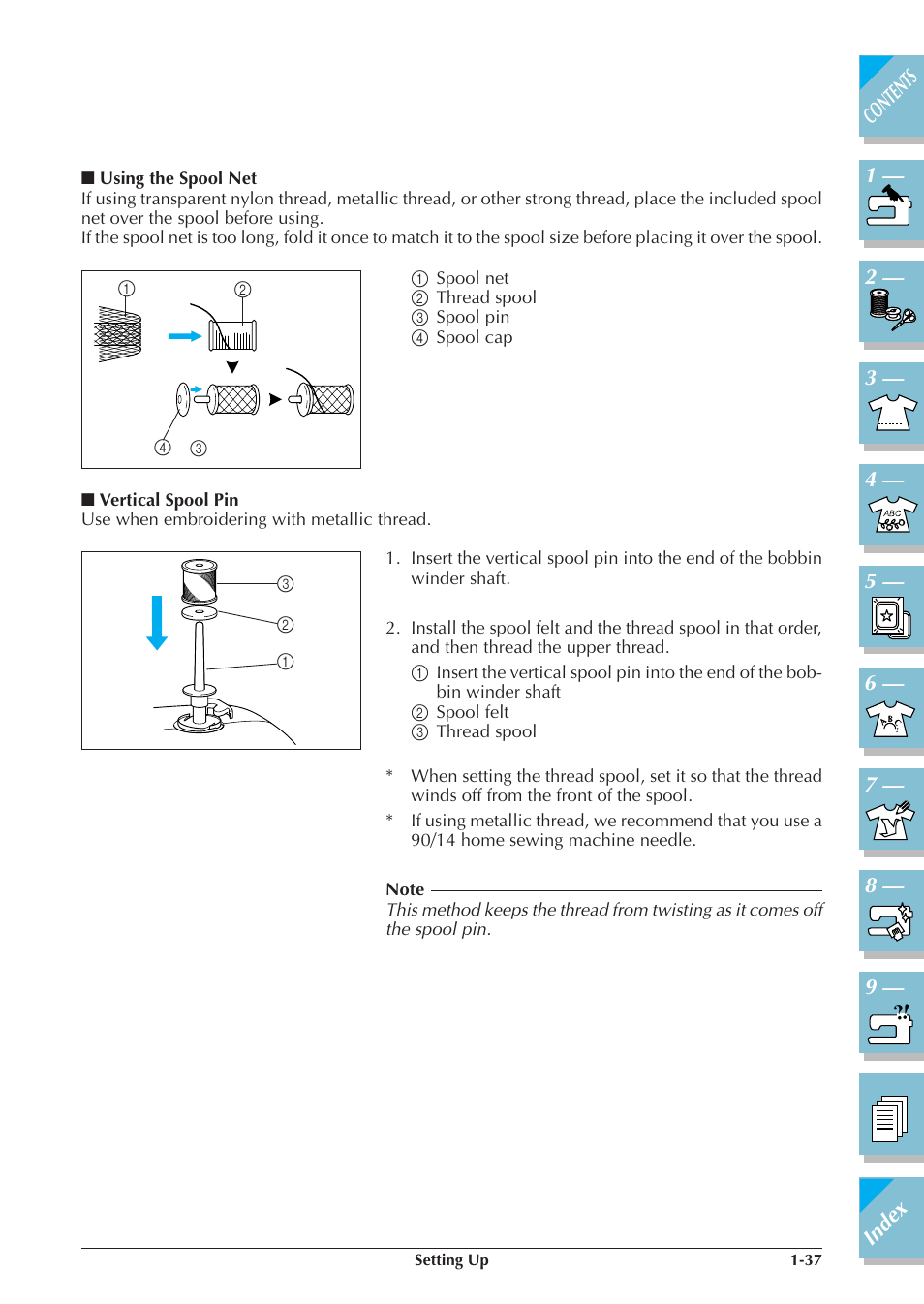 Using the spool net -37, Vertical spool pin -37, Ertical spool pin (p.1-37) | P.1-37) | Brother ULT2001 2001N 2001C 2002D 2003D User Manual | Page 48 / 321