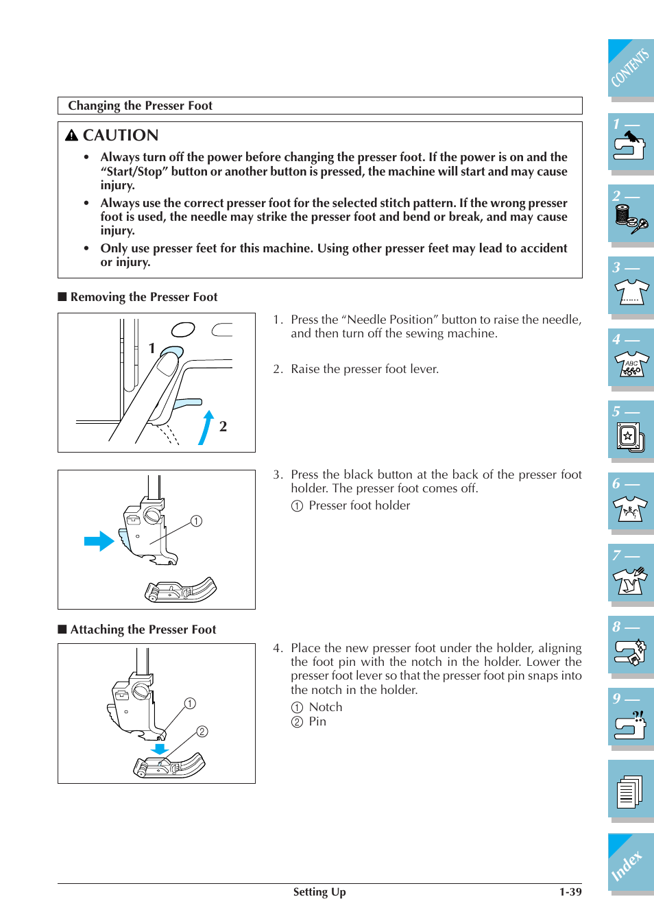 Removing the presser foot -39, Attaching the presser foot -39, Changing the presser foot -39 | P.1-39, 1-42), Caution | Brother ULT2001 2001N 2001C 2002D 2003D User Manual | Page 50 / 321