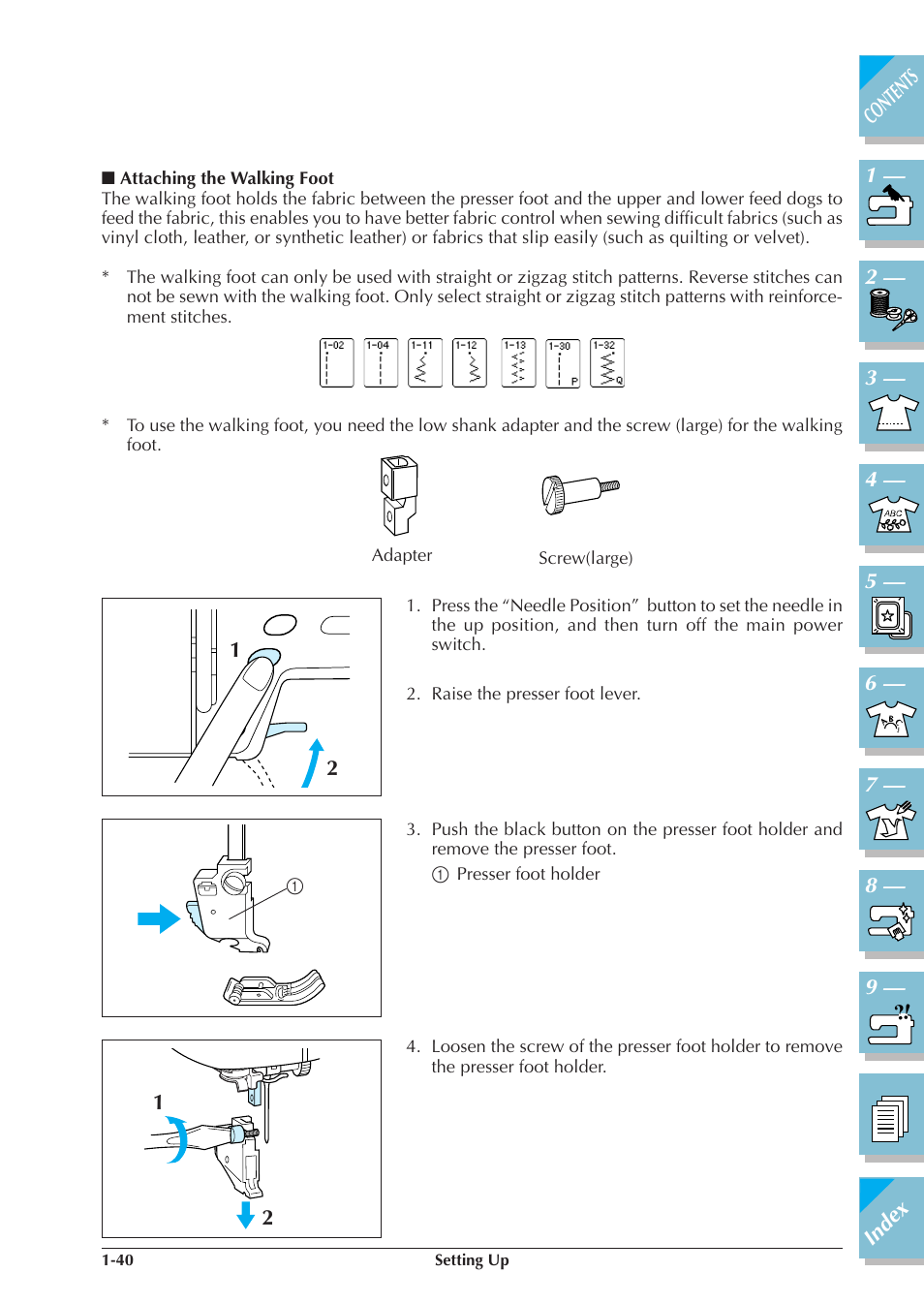 Attaching the walking foot -40 | Brother ULT2001 2001N 2001C 2002D 2003D User Manual | Page 51 / 321