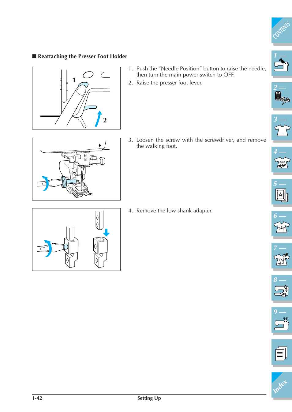 Reattaching the presser foot holder -42 | Brother ULT2001 2001N 2001C 2002D 2003D User Manual | Page 53 / 321