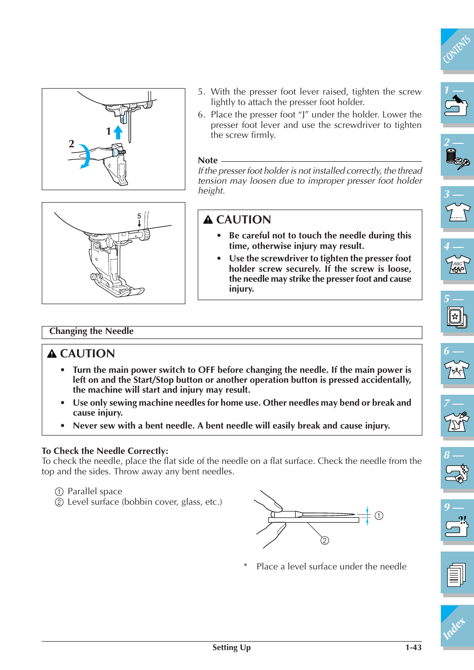 Changing the needle -43, Caution | Brother ULT2001 2001N 2001C 2002D 2003D User Manual | Page 54 / 321