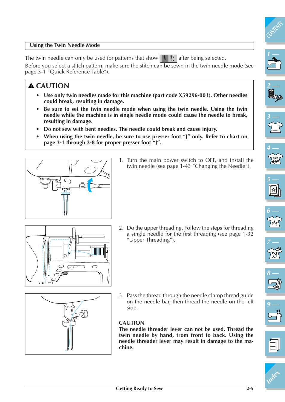 Using the twin needle mode -5, P.2-5), Caution | Brother ULT2001 2001N 2001C 2002D 2003D User Manual | Page 62 / 321