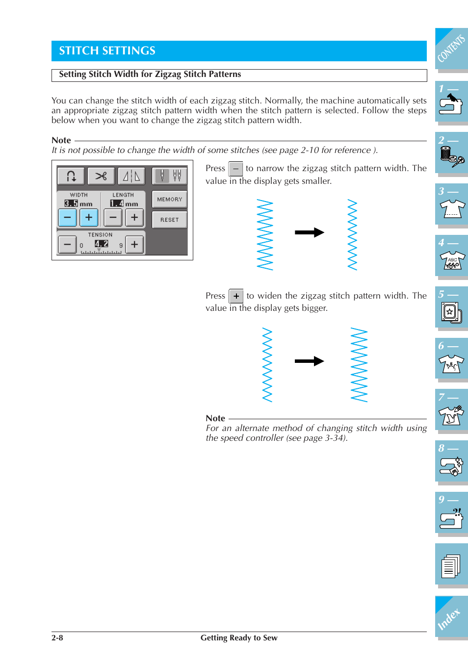 Stitch settings -8, Setting stitch width for zigzag stitch patterns -8, Stitch settings | Brother ULT2001 2001N 2001C 2002D 2003D User Manual | Page 65 / 321